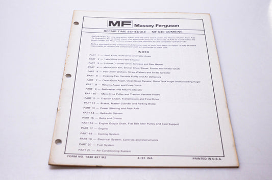 Massey Ferguson 1448 497 M2 Repair Time Schedule MF 540 Combine
