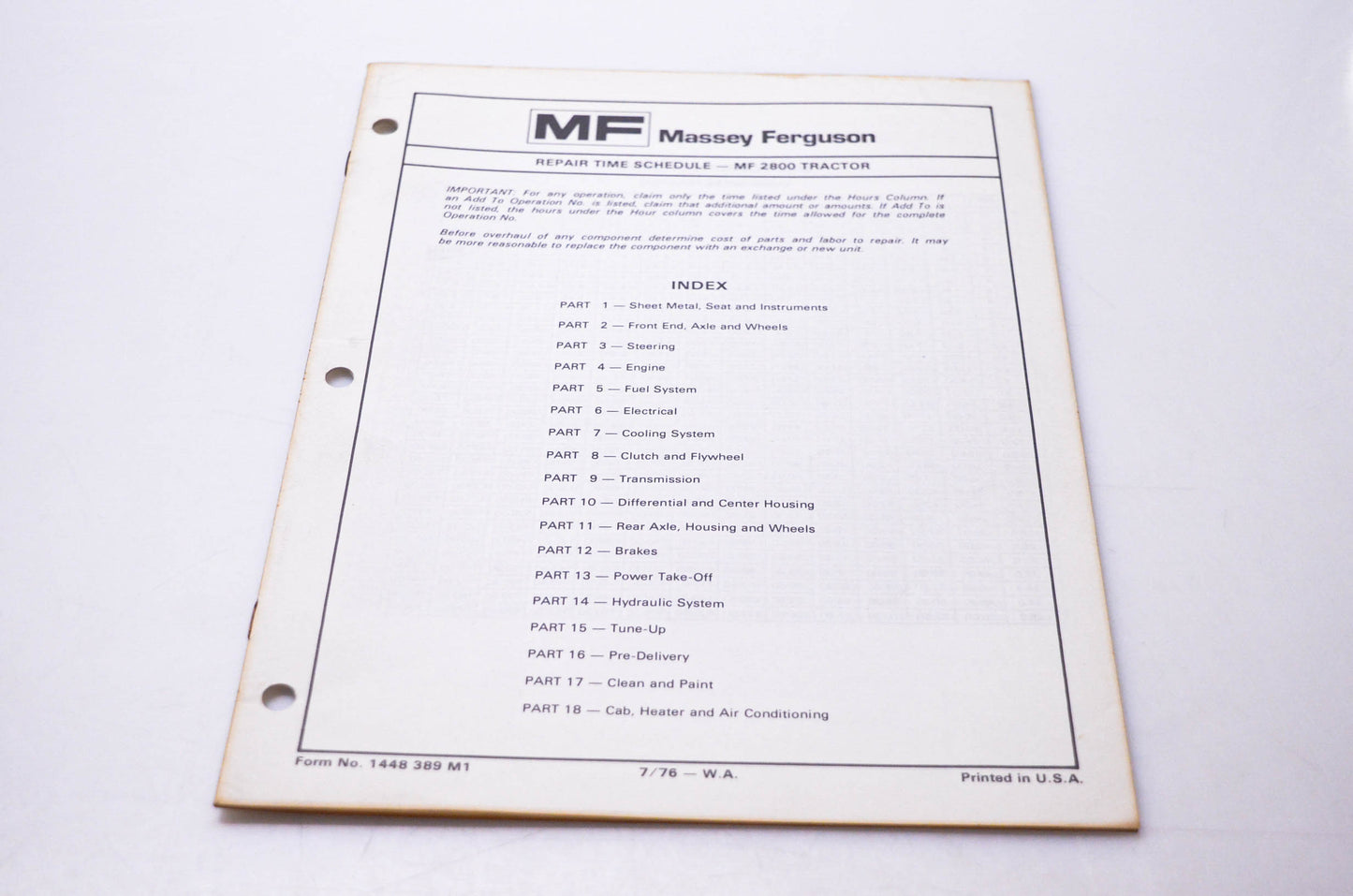 Massey Ferguson 1448 389 M1 Repair Time Schedule MF 2800 Tractor