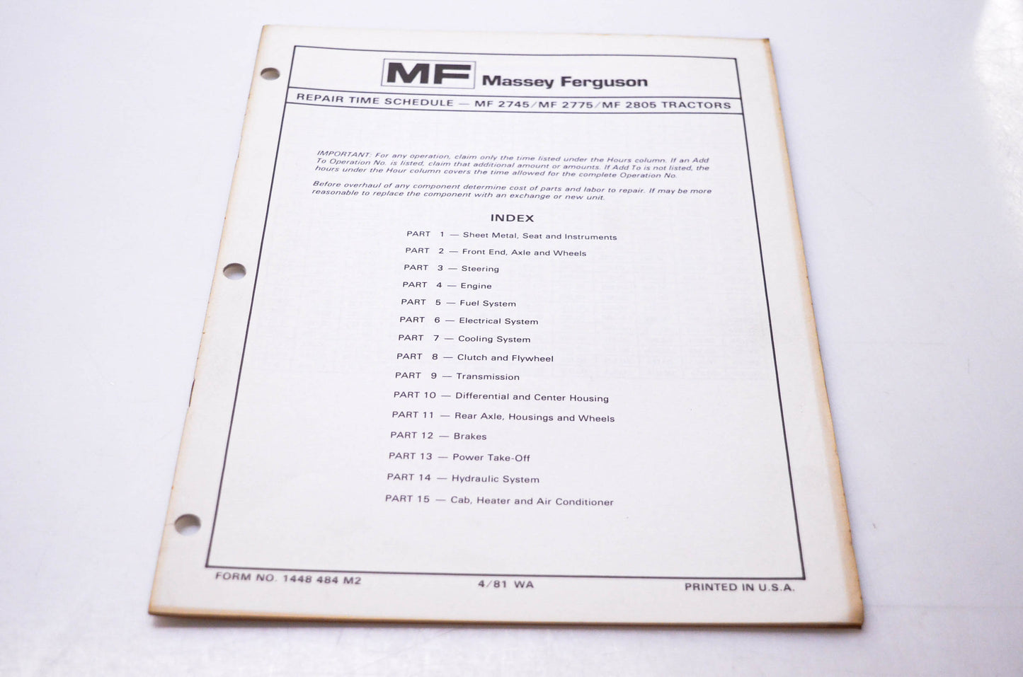 Massey Ferguson 1448 484 M2 Repair Time Schedule MF 2745 MF 2775 MF 2805 Tractors