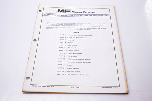 Massey Ferguson 1448 484 M2 Repair Time Schedule MF 2745 MF 2775 MF 2805 Tractors