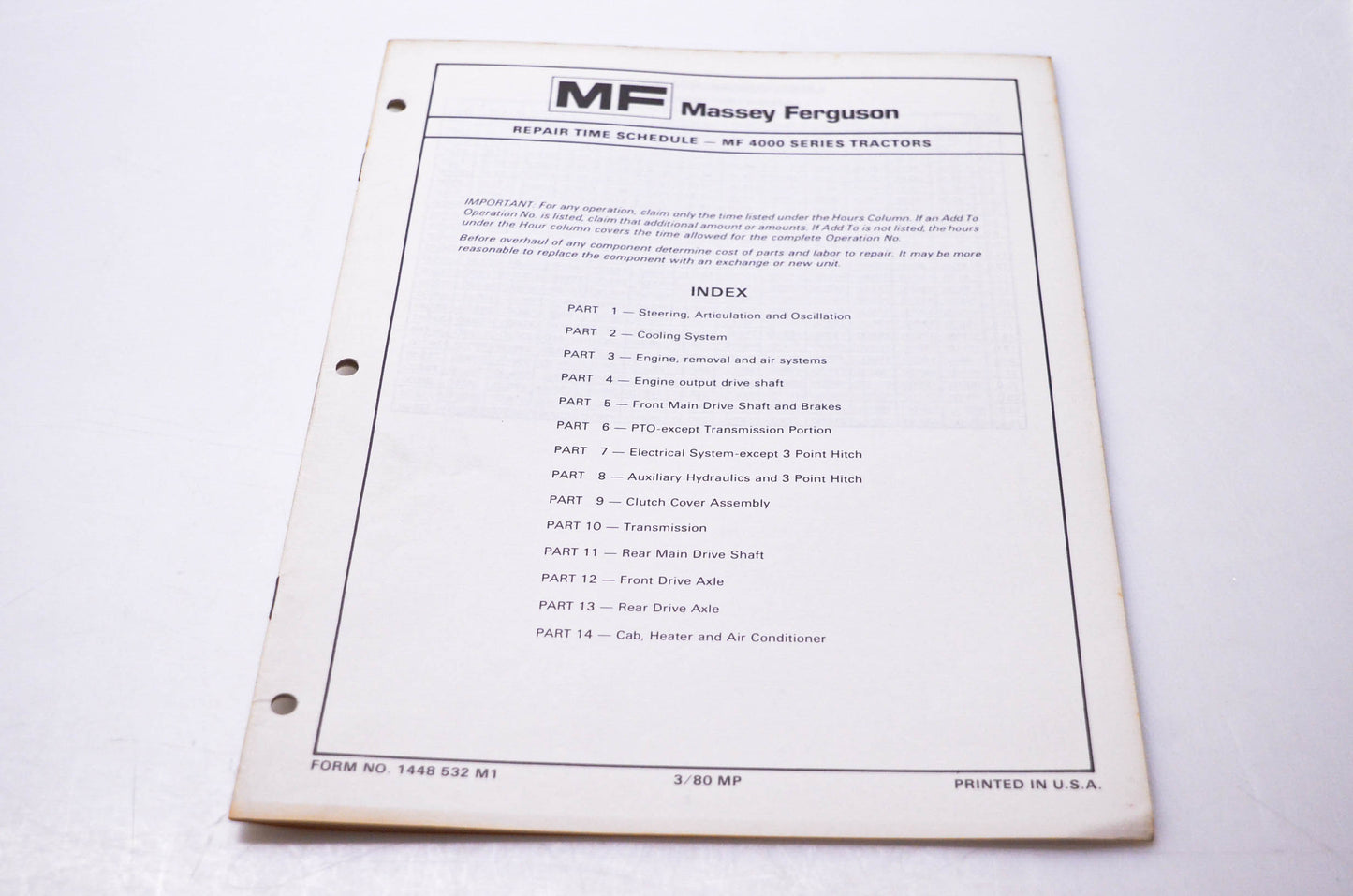 Massey Ferguson 1448 532 M1 Repair Time Schedule MF 4000 Series Tractors