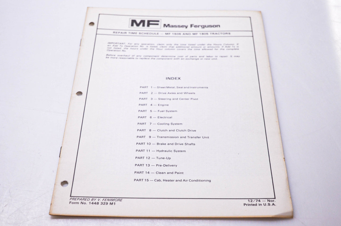 Massey Ferguson 1448 329 M1 Repair Time Schedule MF 1505 & MF 1805 Tractors