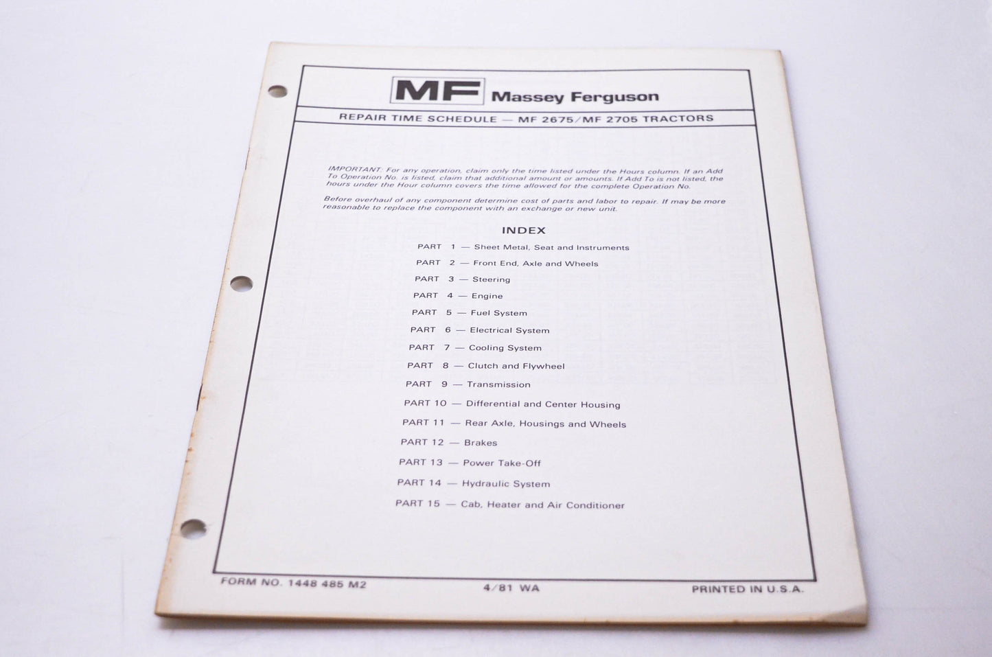 Massey Ferguson 1448 485 M2 Repair Time Schedule MF 2675 MF 2705 Tractors