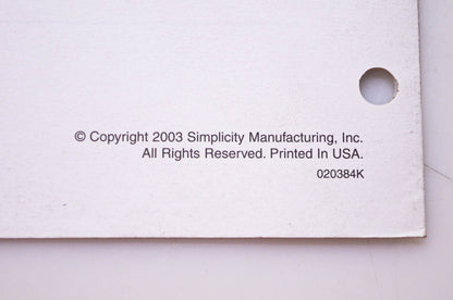 Simplicity Manufacturing 020384K 2003 Service Bulletin