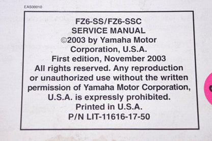 OEM Yamaha LIT-11616-17-50 FZ6-SS FZ6-SSC Service Manual