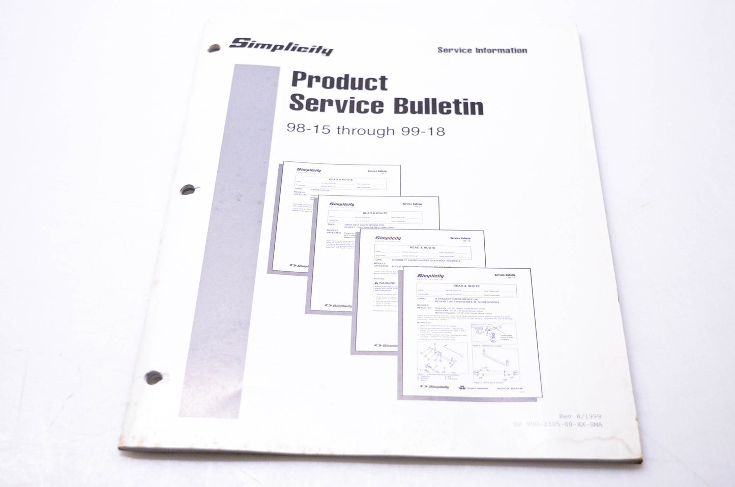 Simplicity Manufacturing 900-2305-00-XX-SMA Service Information Product Service Bulletin 98-15 thru 99-18