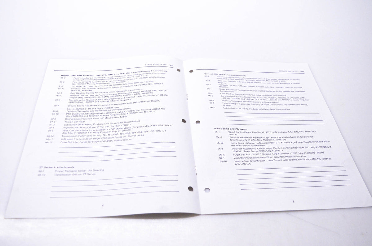 Simplicity Manufacturing 900-2045-01-UV-SMA 1999 Service Bulletin Index
