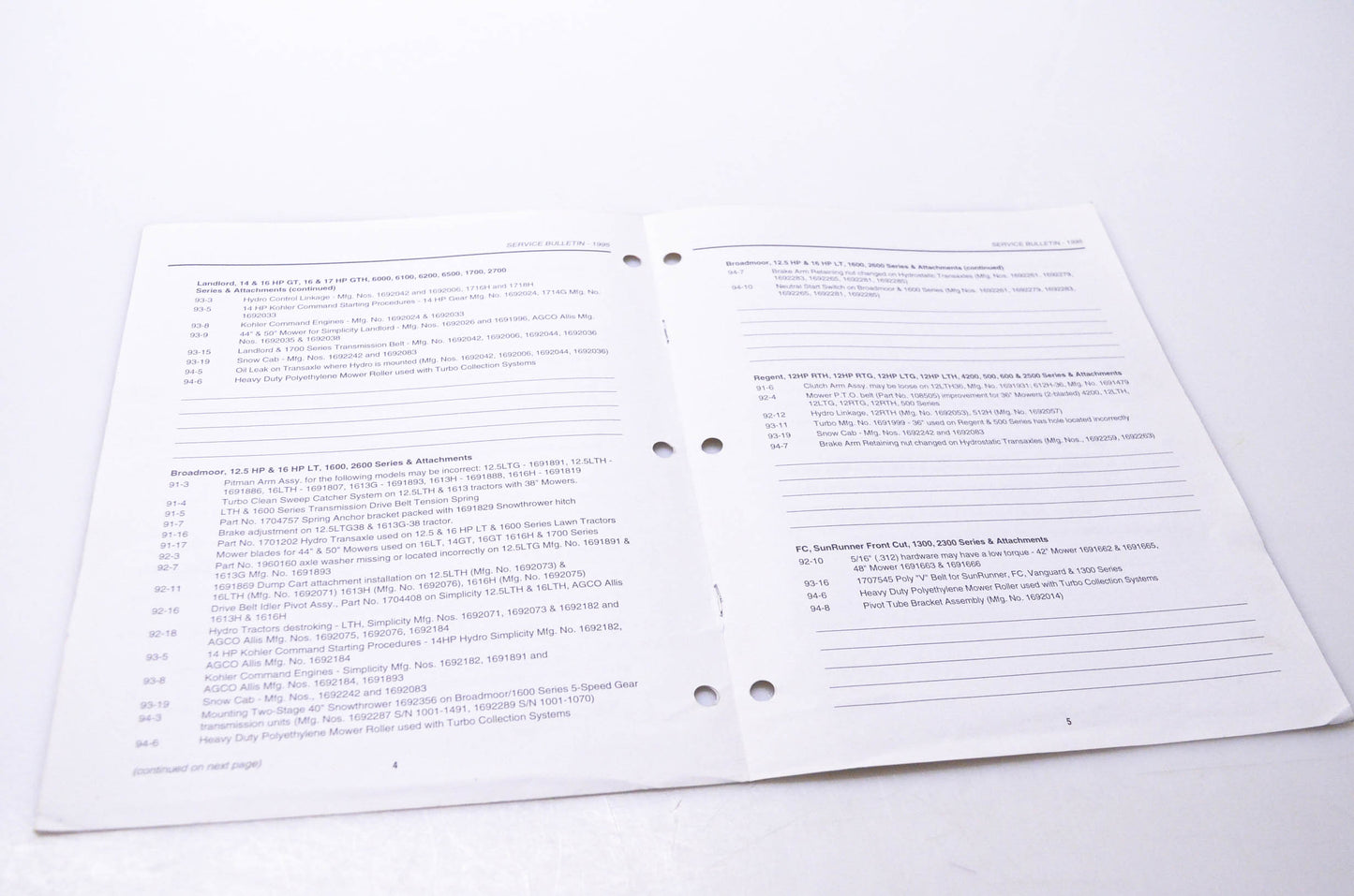 Simplicity Manufacturing 950010 1995 Service Bulletin Index