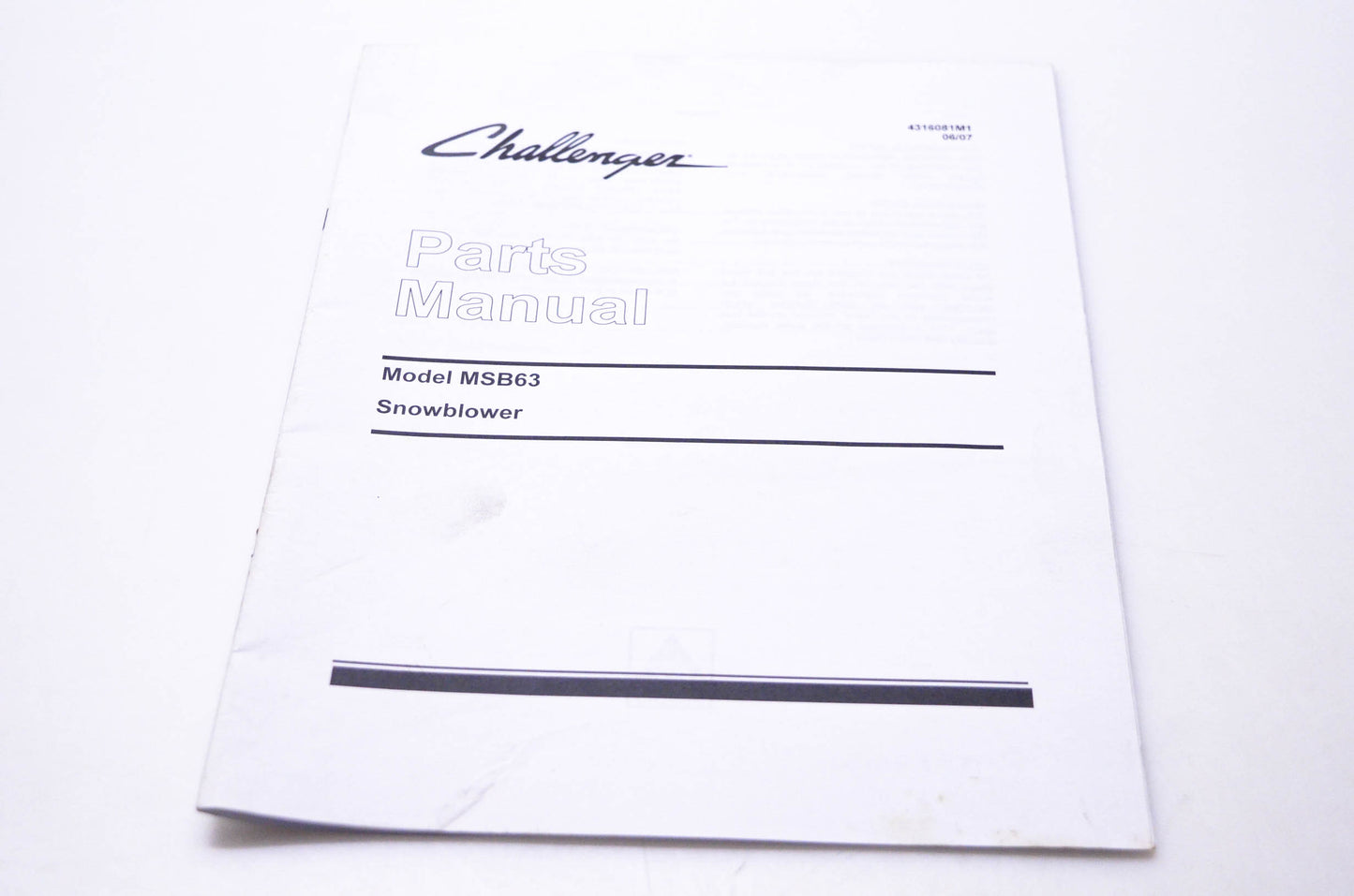 Agco 4316081M1 Challenger Parts Manual Model MSB63 Snowblower
