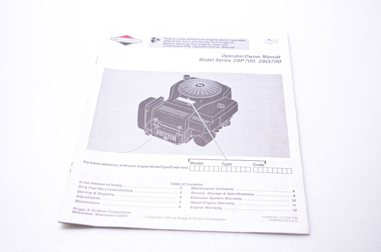 OEM Briggs & Stratton 273133 Operator Owner Manual Model Series 28P700 28Q700