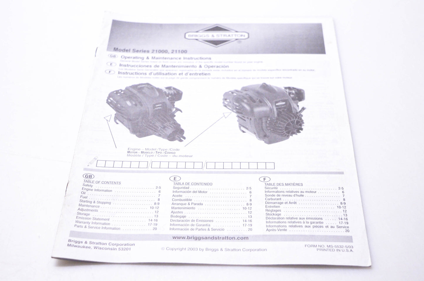 OEM Briggs & Stratton MS-5532-5 Model Series 21000 21100