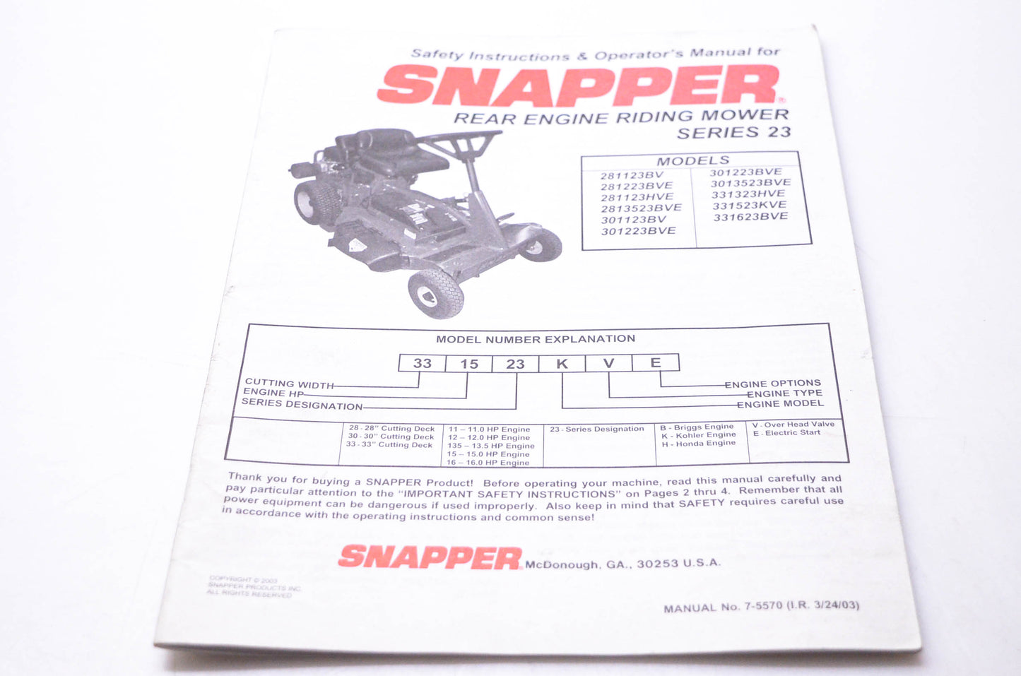 Snapper 7-5570 Safety Instructions & Operator's Manual for Snapper Rear Engine Riding Mower