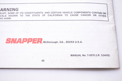 Snapper 7-5570 Safety Instructions & Operator's Manual for Snapper Rear Engine Riding Mower