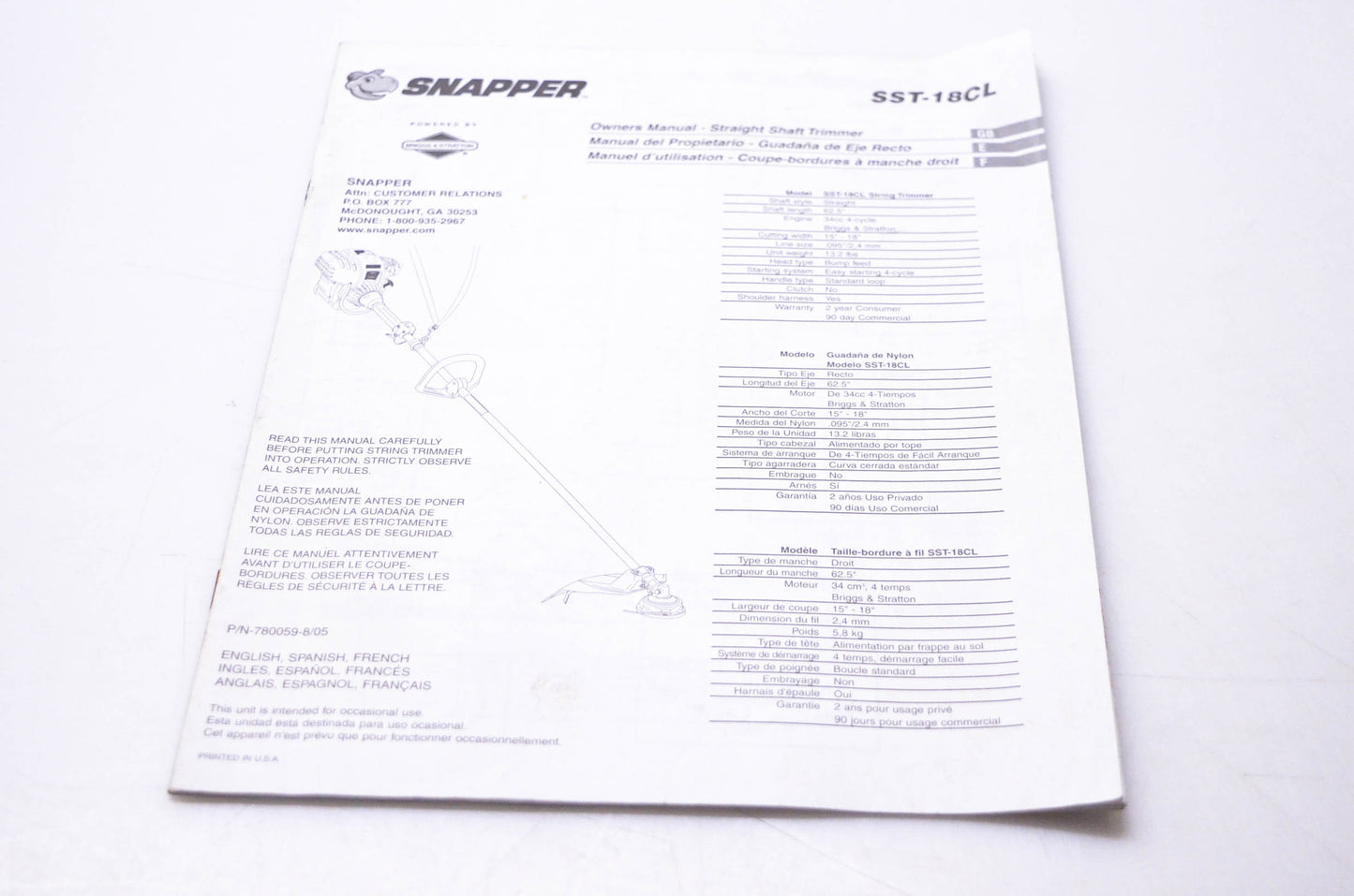 Snapper SST-18CL Owner's Manual Straight Shaft Trimmer