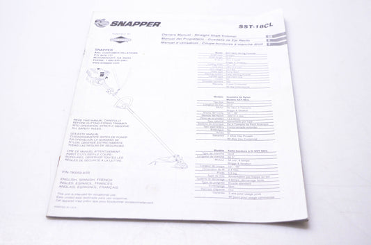 Snapper SST-18CL Owner's Manual Straight Shaft Trimmer