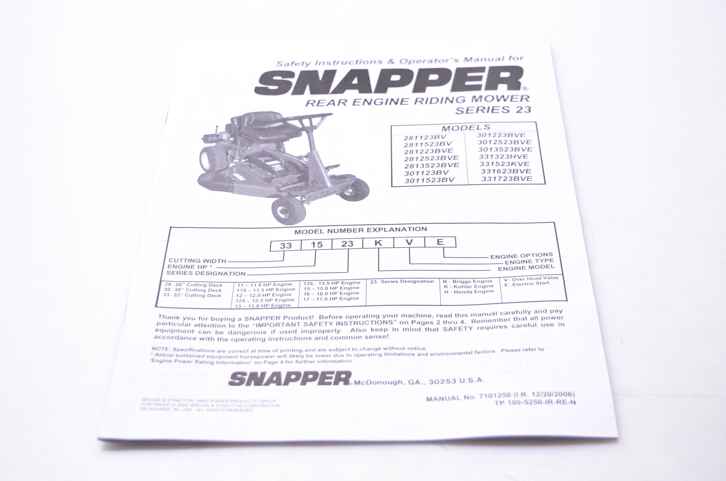 Snapper 7101250 Safety Instructions & Operator's Manual for Snapper Re ...