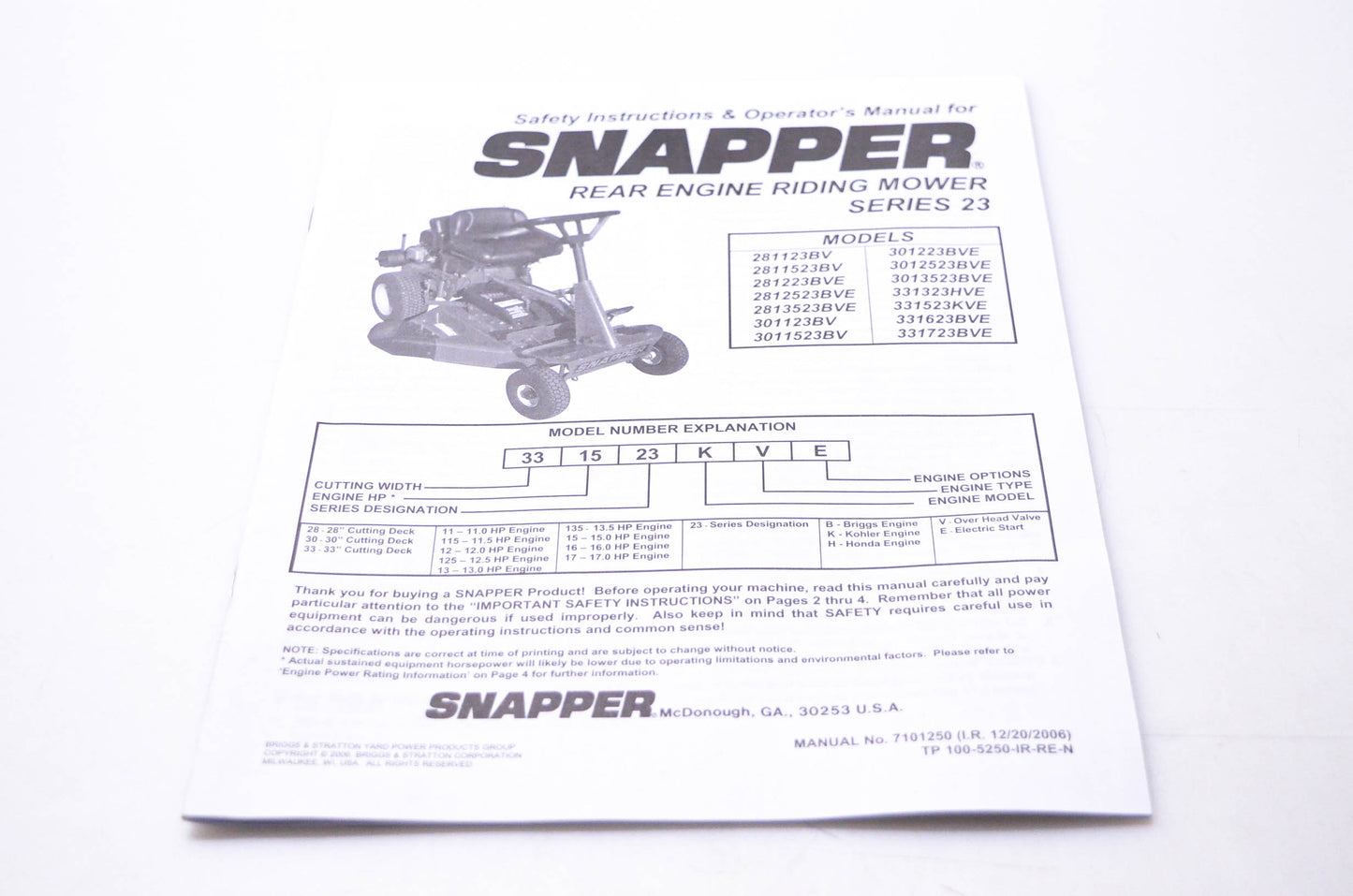 Snapper 7101250 Safety Instructions & Operator's Manual for Snapper Rear Engine Riding Mower Series 23