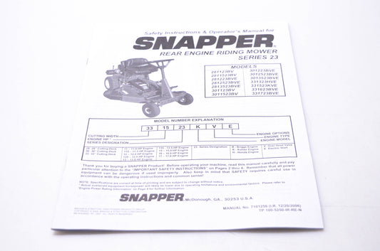 Snapper 7101250 Safety Instructions & Operator's Manual for Snapper Rear Engine Riding Mower Series 23