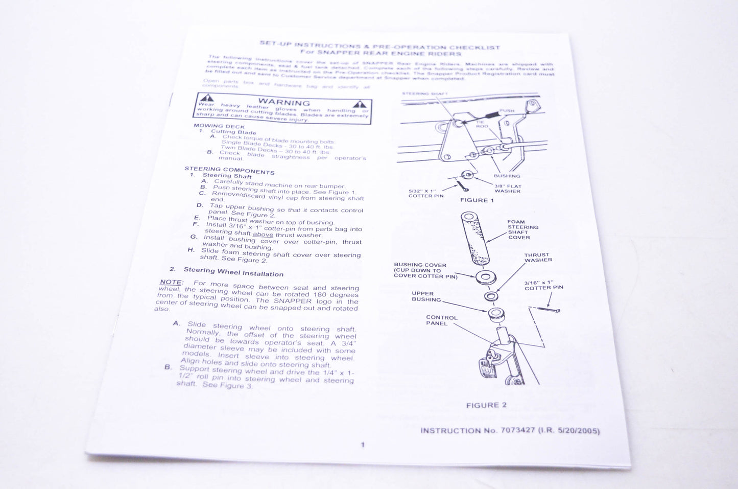 Snapper 7073427 Set-Up Instructions & Pre-Operation Checklist for Snapper Rear Engine Riders