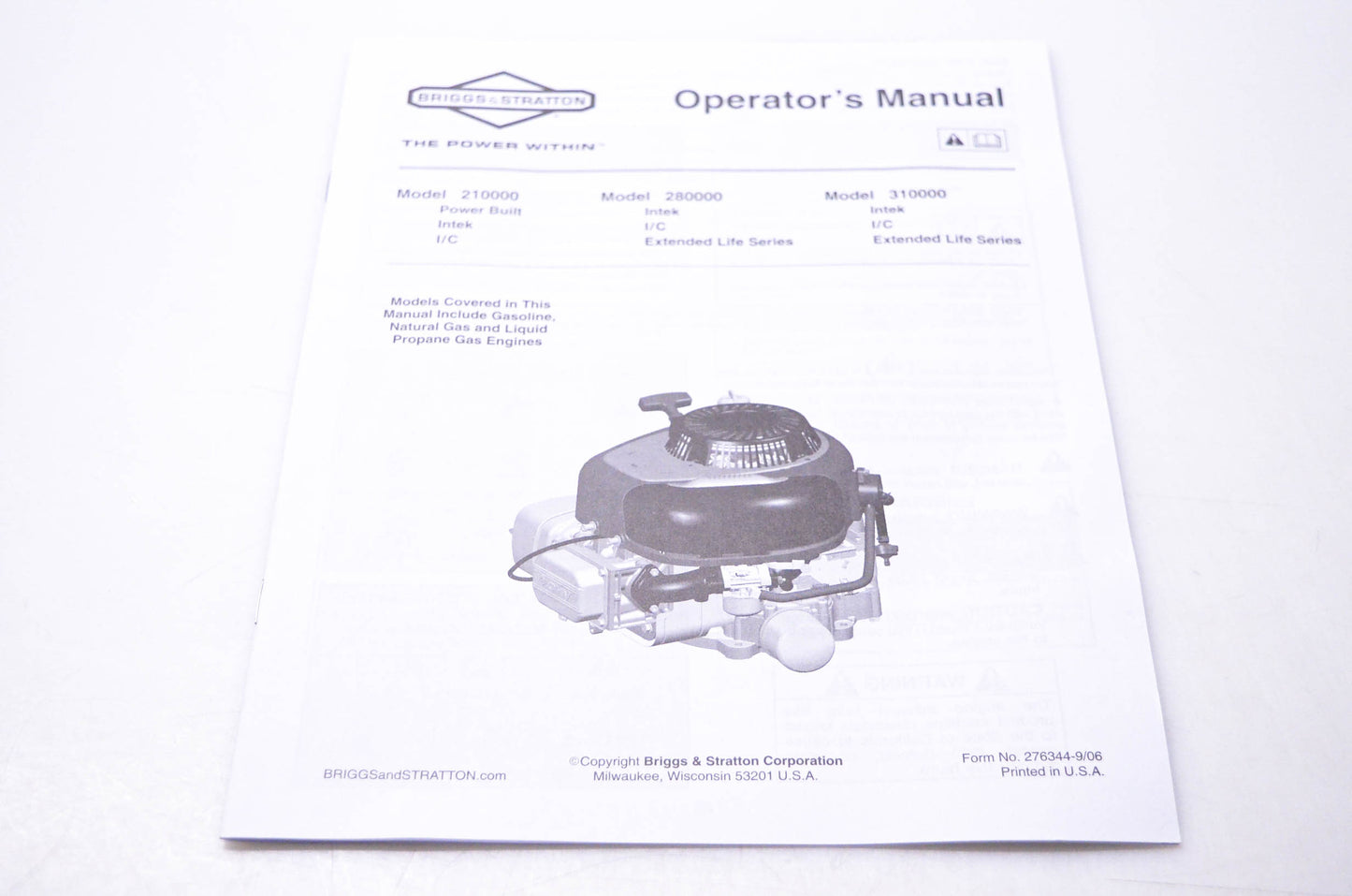 OEM Briggs & Stratton 276344 Operator's Manual Model 210000 280000 310000