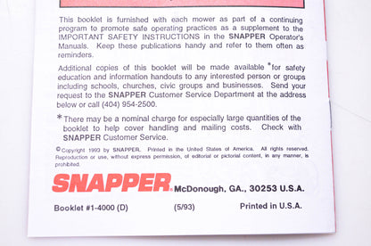 Snapper 1-4000 Some Guidelines to Power Mower Safety
