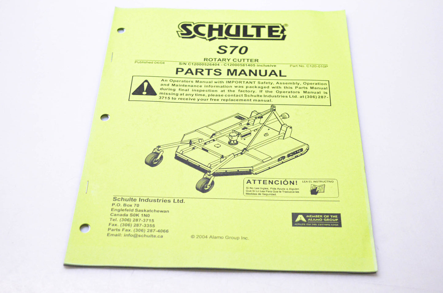 Schulte C120-010P S70 Rotary Cutter Parts Manual