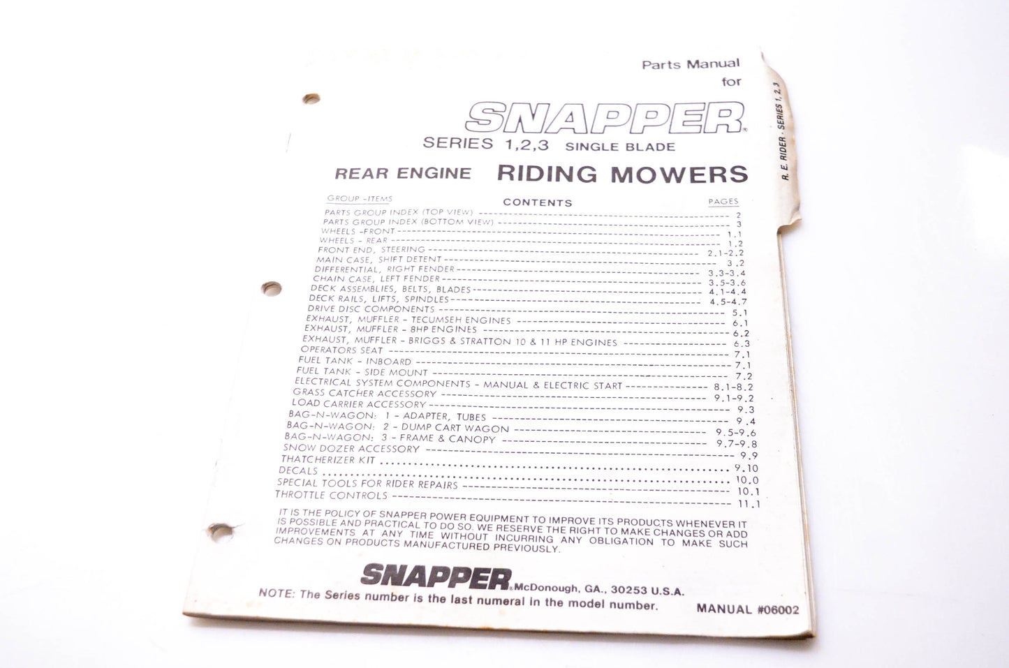 Snapper 06002 Parts Manual Rear Engine Riding Mowers