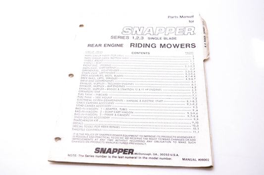 Snapper 06002 Parts Manual Rear Engine Riding Mowers
