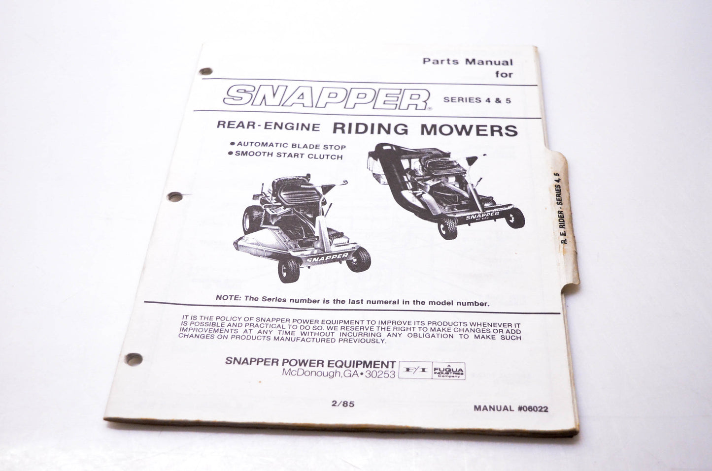 Snapper 06022 Parts Manual Rear-Engine Riding Mowers
