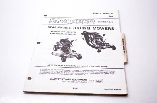 Snapper 06022 Parts Manual Rear-Engine Riding Mowers
