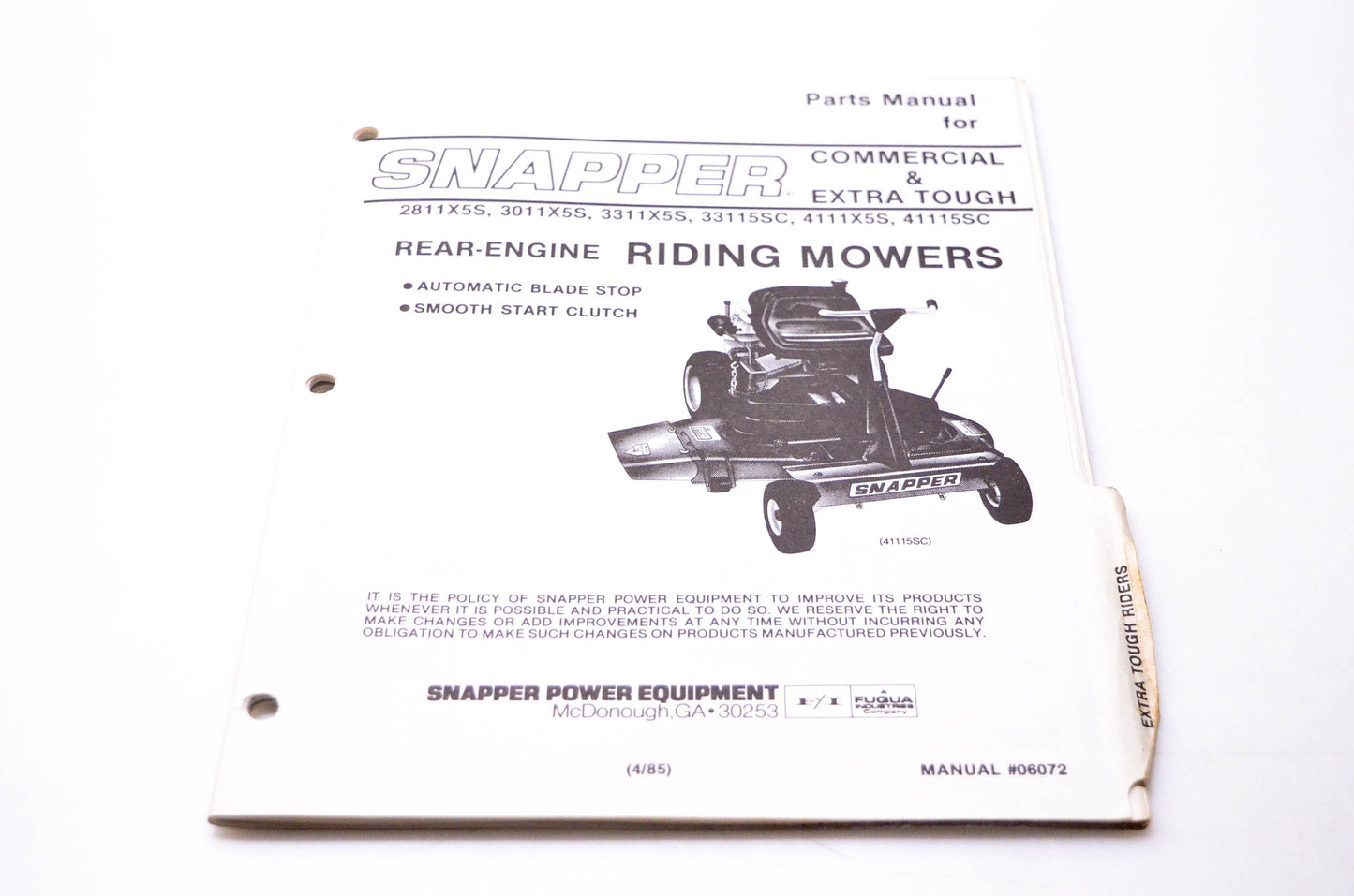 Snapper 06072 Parts Manual Commercial & Extra Tough Riding Mowers