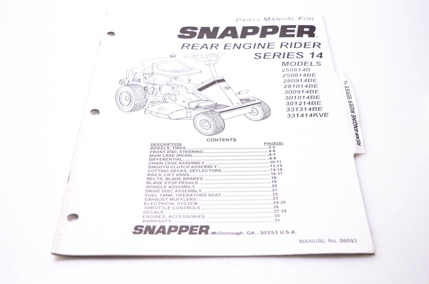 Snapper 06093 Parts Manual Rear Engine Rider Series 14 NOS