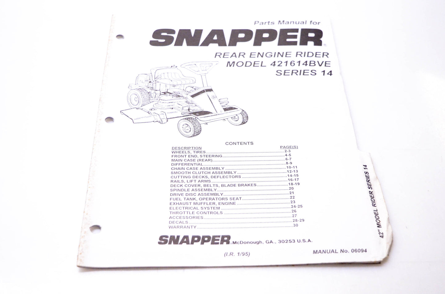 Snapper 06094 Parts Manual Rear Engine Rider Model 421614BVE Series 14 NOS