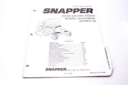 Snapper 06094 Parts Manual Rear Engine Rider Model 421614BVE Series 14 NOS