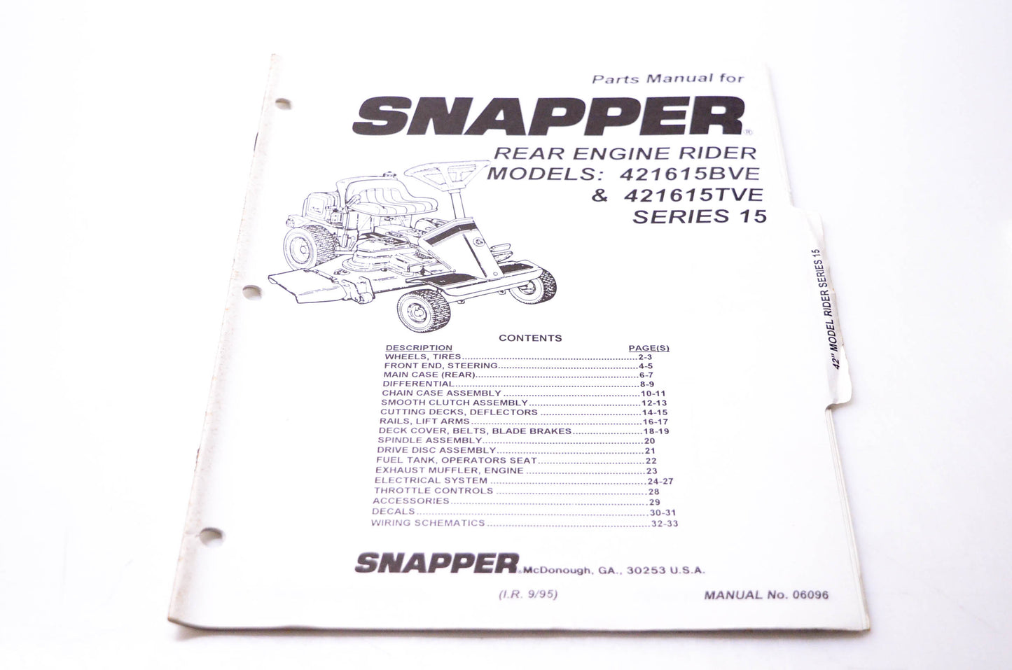 Snapper 06096 Parts Manual Rear Engine Rider Models 421615BVE 421615TVE Series 15 NOS