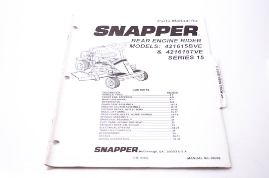 Snapper 06096 Parts Manual Rear Engine Rider Models 421615BVE 421615TVE Series 15 NOS