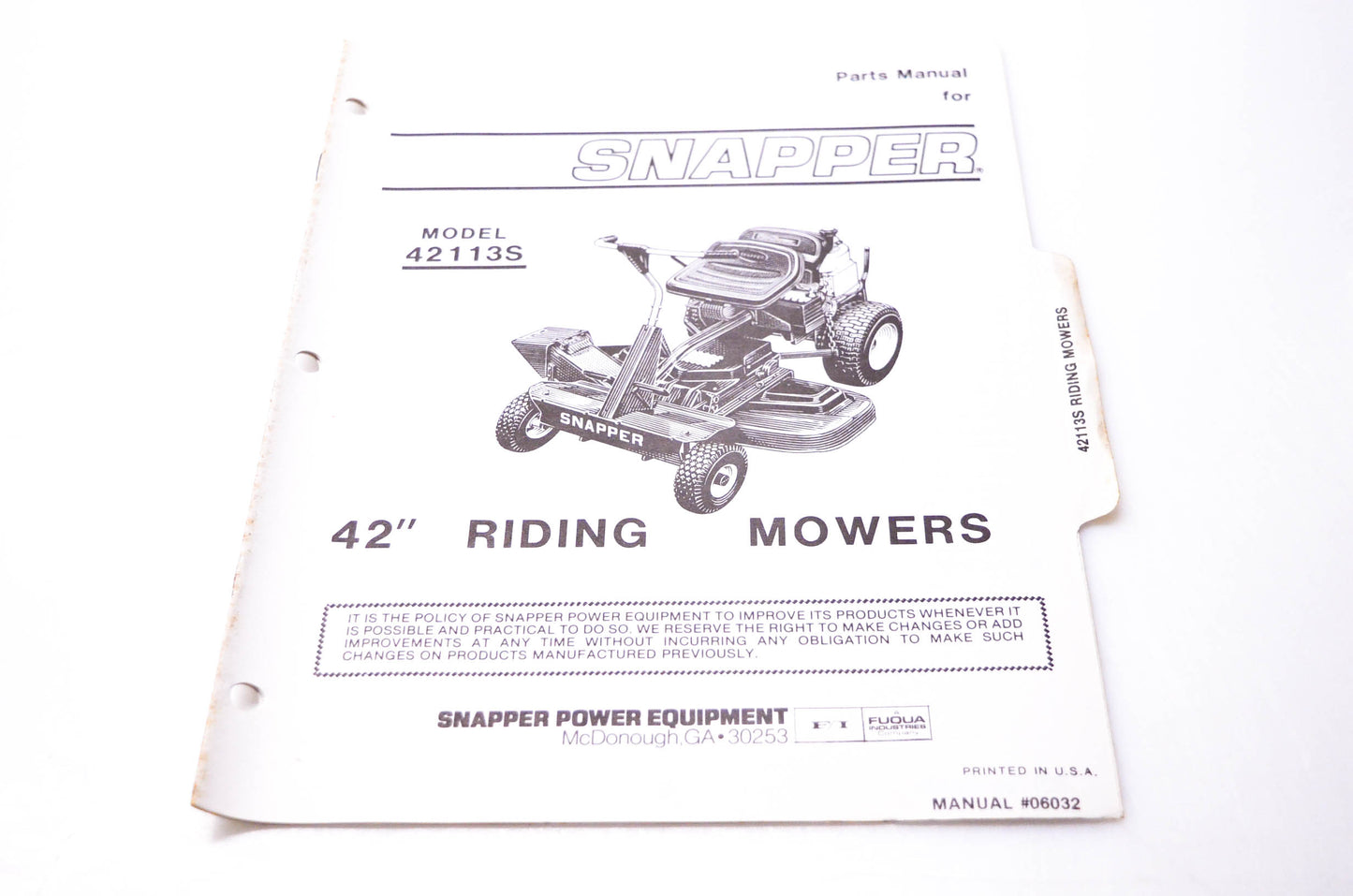 Snapper 06032 Parts Manual Model 42113S 42" Riding Mowers NOS