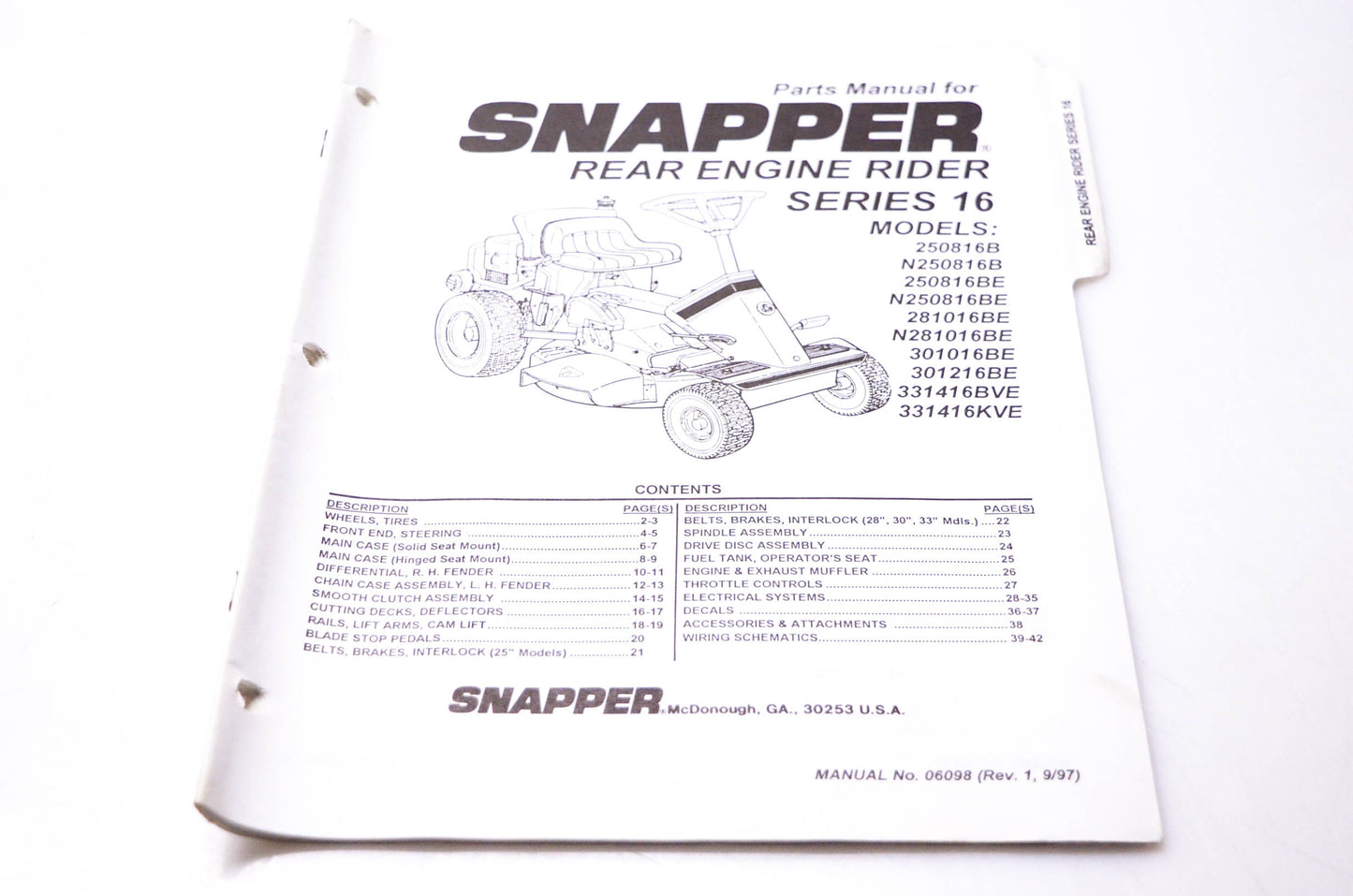 Snapper 06098 Parts Manual Rear Engine Rider Series 16 NOS