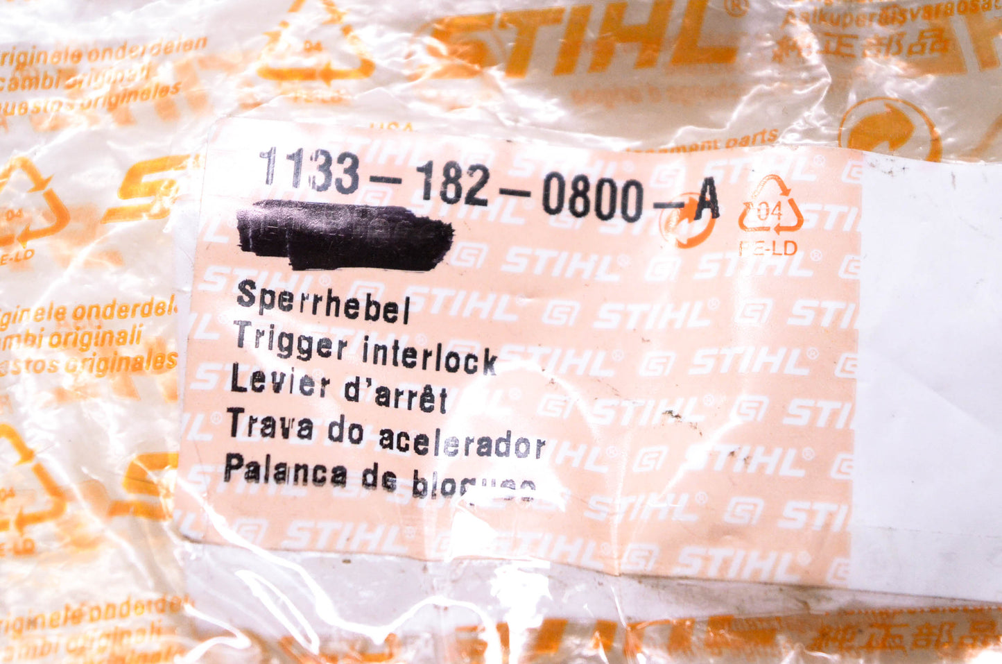 New OEM Stihl 1133 182 0800 A, 1133-182-0800-A Trigger Interlock NOS