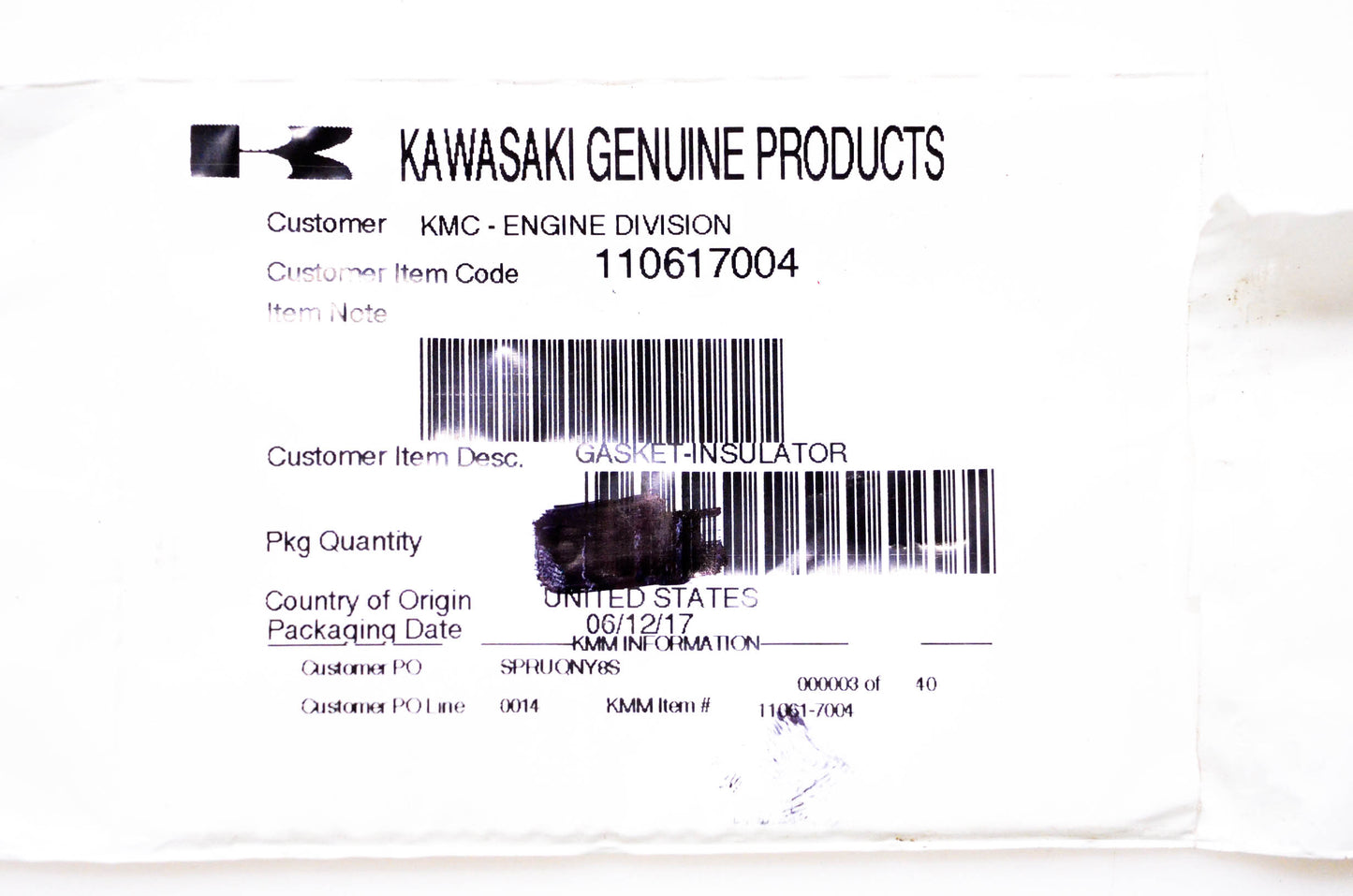New OEM Kawasaki 110617004 Insulator Gasket NOS