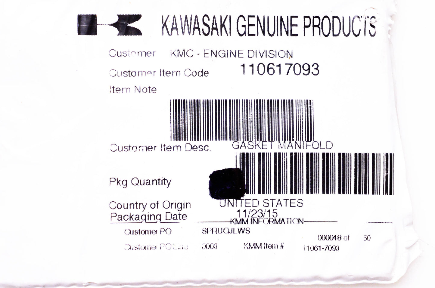 New OEM Kawasaki 110617093 Manifold Gasket NOS