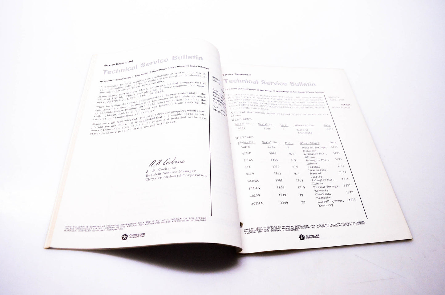 Chrysler Outboard OB1646 Service Bulletin Collection 1971
