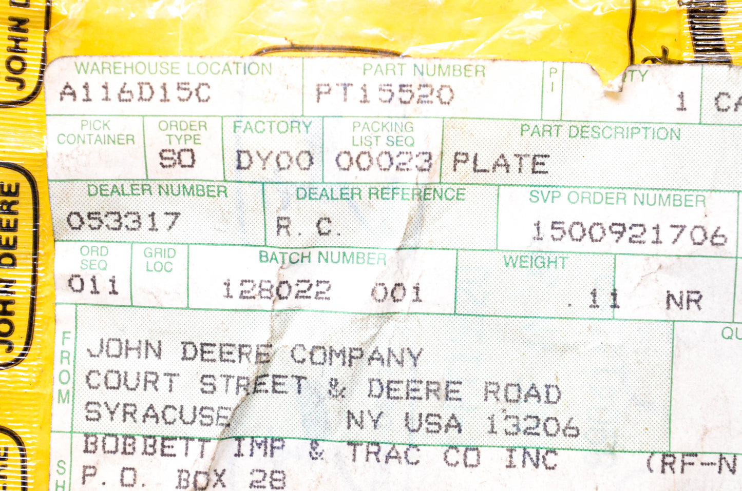 New OEM John Deere PT15520 Plate NOS