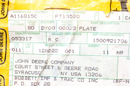 New OEM John Deere PT15520 Plate NOS