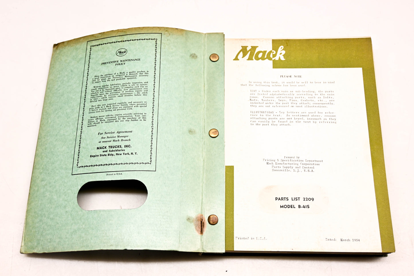 Mack 2209 1954 Model B-41S Truck Parts List Manual