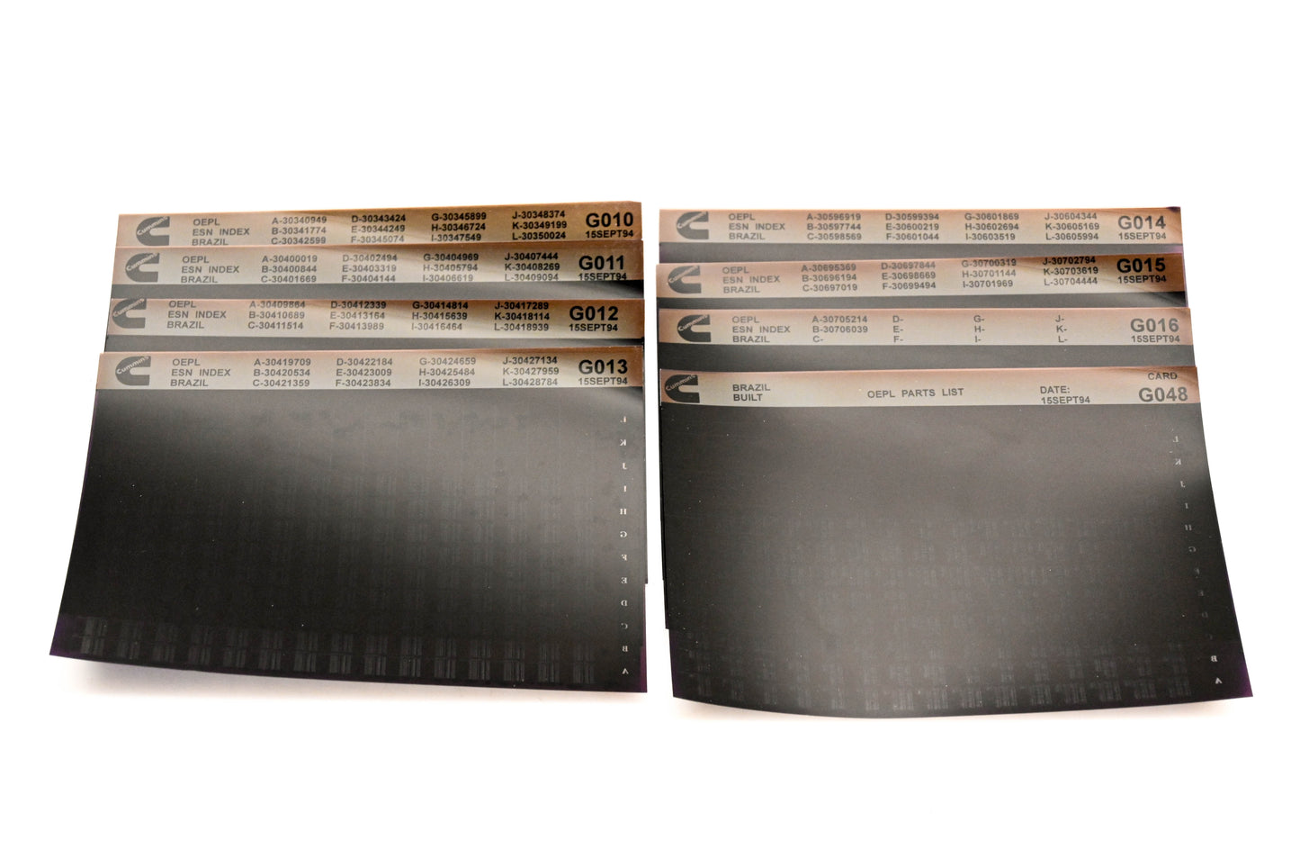Cummins G010, G015, G048 1994 Brazil OEPL Parts List & ESN Index Lot Of 8 Microfiche NOS