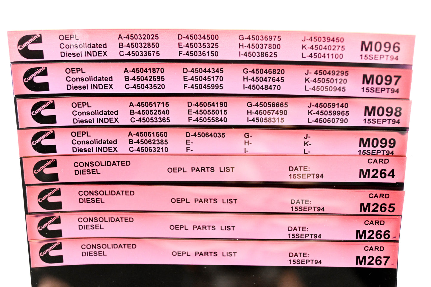Cummins M096, M099, M267 1994 Consolidated Diesel OEPL Parts List & Index Lot of 8 Microfiche NOS