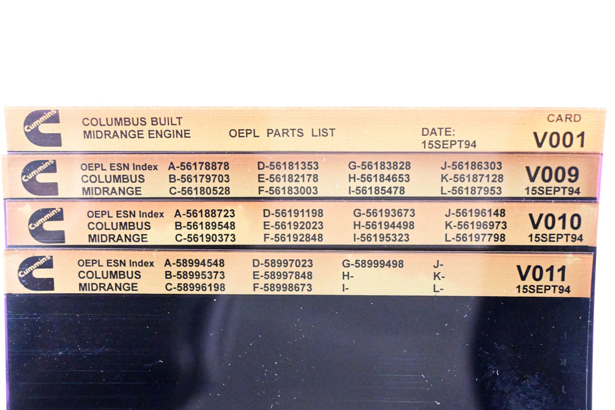 Cummins V001, V009, V011 1994 Columbus Midrange OEPL Parts List & ESN Index Lot of 4 Microfiche NOS