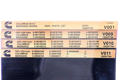 Cummins V001, V009, V011 1994 Columbus Midrange OEPL Parts List & ESN Index Lot of 4 Microfiche NOS