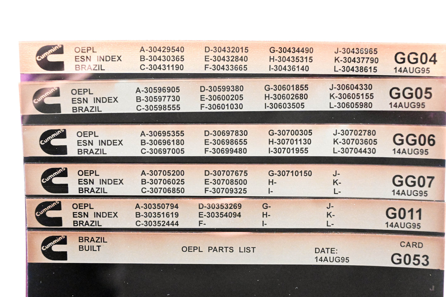 Cummins GG04, G011, G053 1995 Brazil OEPL Parts List & ESN Index Lot of 6 Microfiche NOS